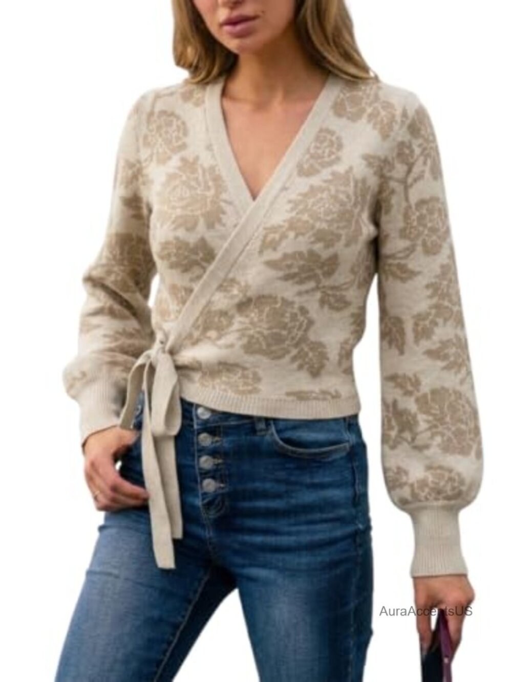 Women's Wrap Sweater Tie Front Cropped Cardigan Lantern Sleeve Top
